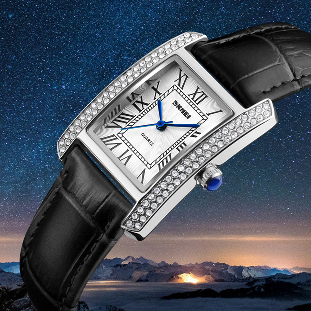 Women Fashion Leather Strap Rhinestones Roman Numerals Quartz Wrist Watch Gifts