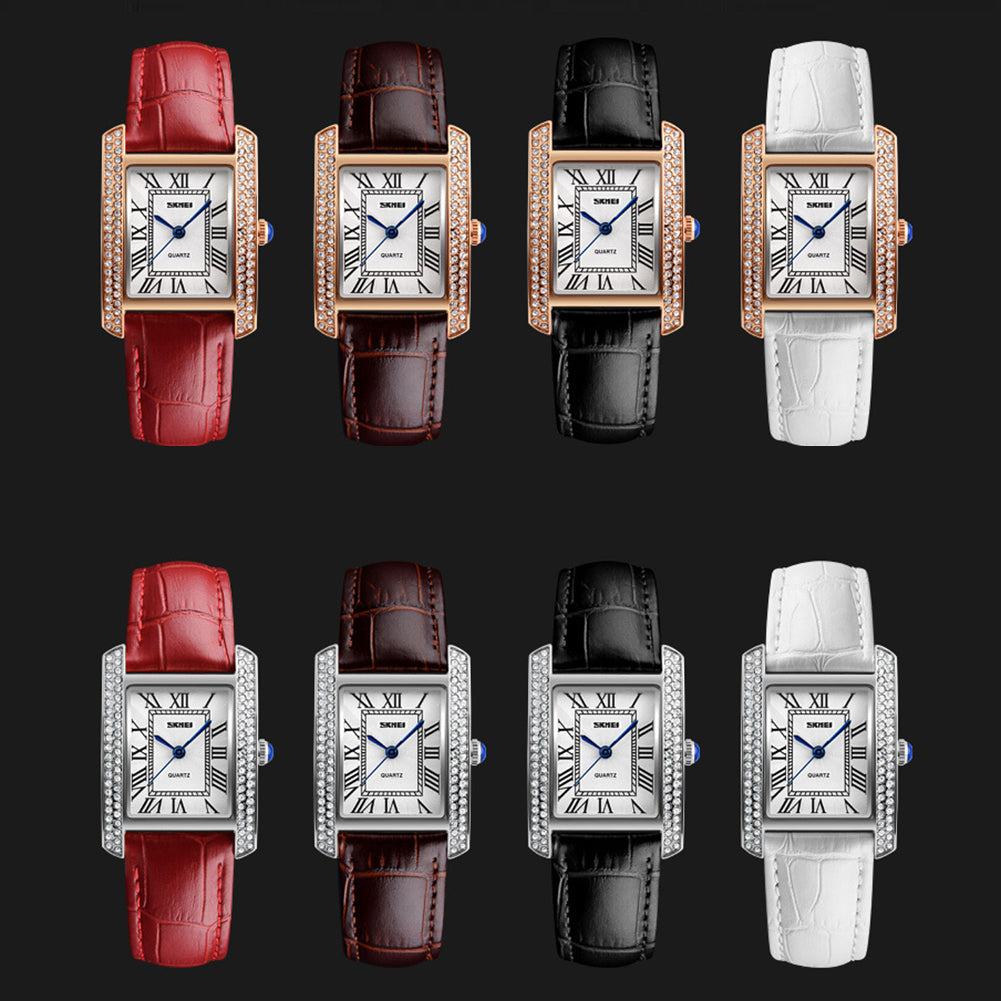 Women Fashion Leather Strap Rhinestones Roman Numerals Quartz Wrist Watch Gifts