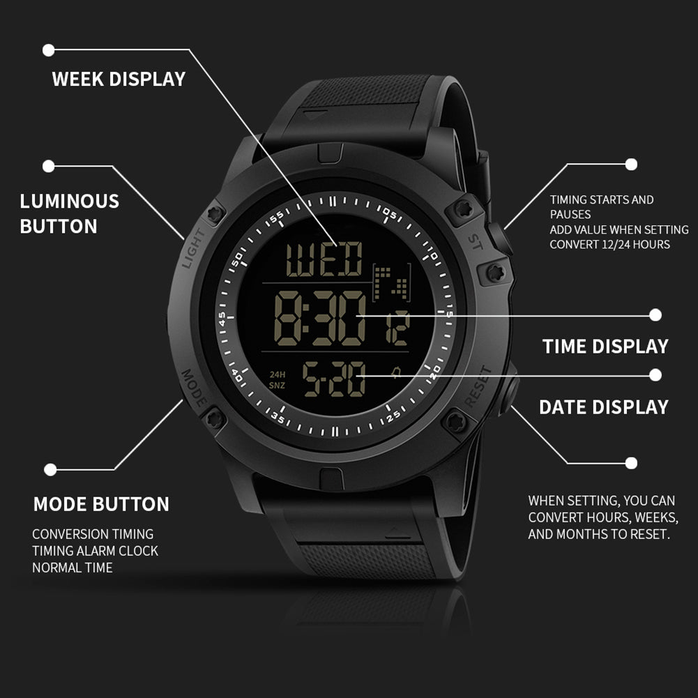 Outdoor Hiking Waterproof Backlight Sports Digital Men Wrist Watch Stopper Alarm