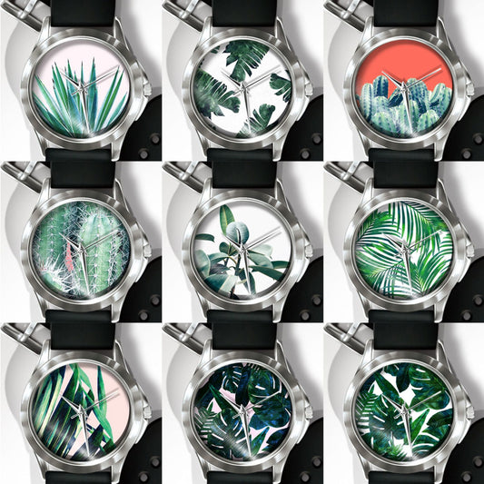 Fashion Fresh Plants Pattern Dial Unisex Pin Buckle Quartz Analog Wrist Watch