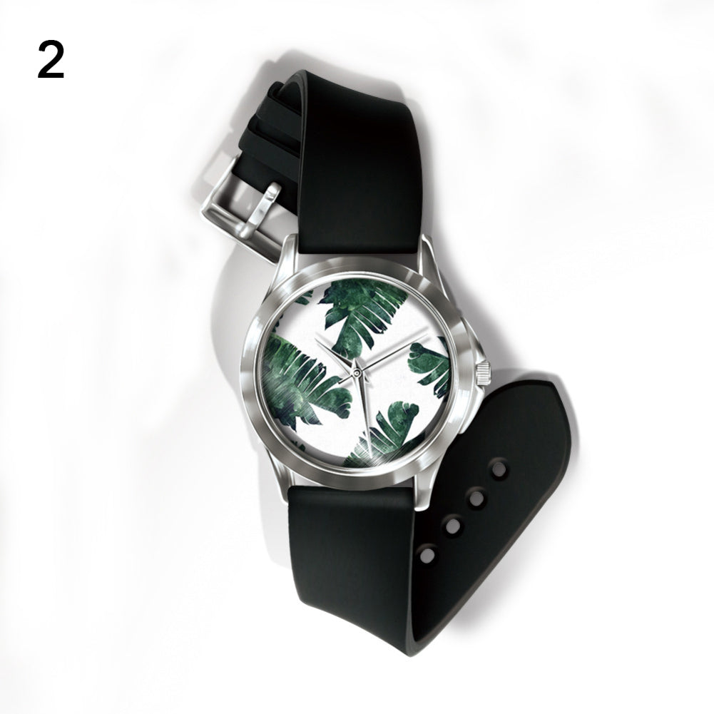 Fashion Fresh Plants Pattern Dial Unisex Pin Buckle Quartz Analog Wrist Watch