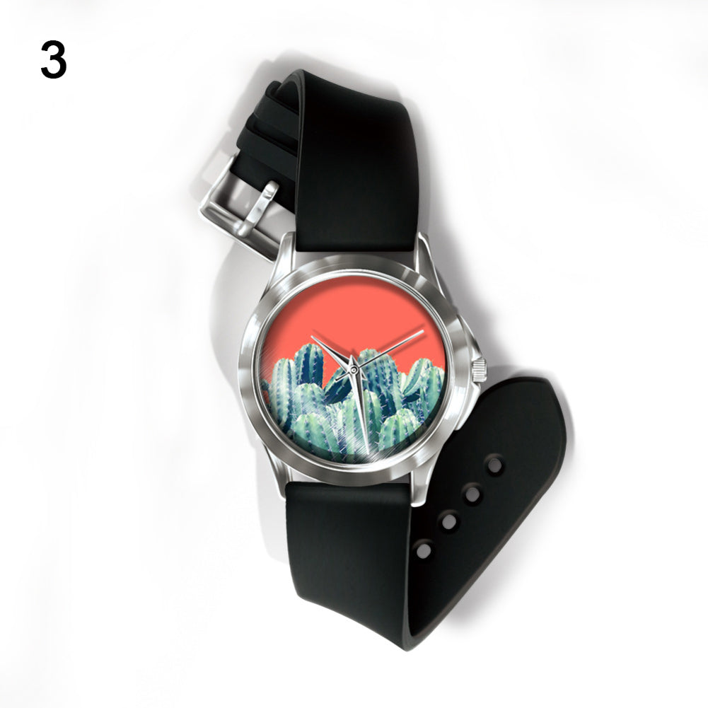 Fashion Fresh Plants Pattern Dial Unisex Pin Buckle Quartz Analog Wrist Watch