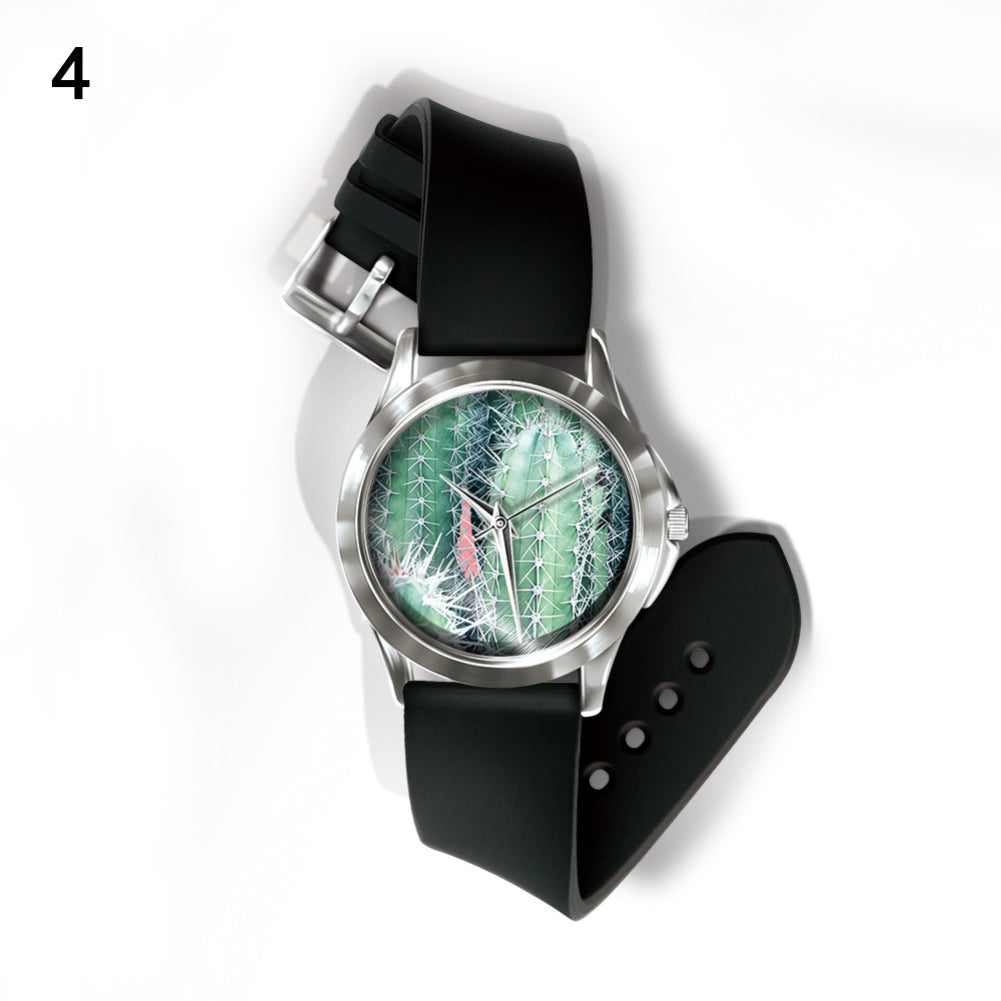 Fashion Fresh Plants Pattern Dial Unisex Pin Buckle Quartz Analog Wrist Watch