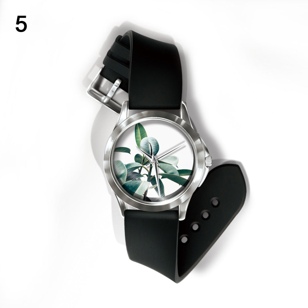 Fashion Fresh Plants Pattern Dial Unisex Pin Buckle Quartz Analog Wrist Watch
