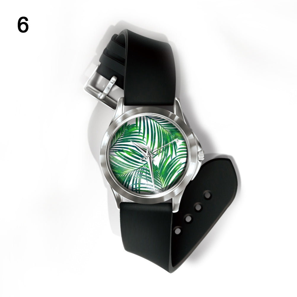 Fashion Fresh Plants Pattern Dial Unisex Pin Buckle Quartz Analog Wrist Watch