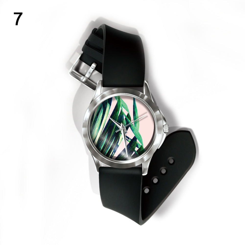 Fashion Fresh Plants Pattern Dial Unisex Pin Buckle Quartz Analog Wrist Watch