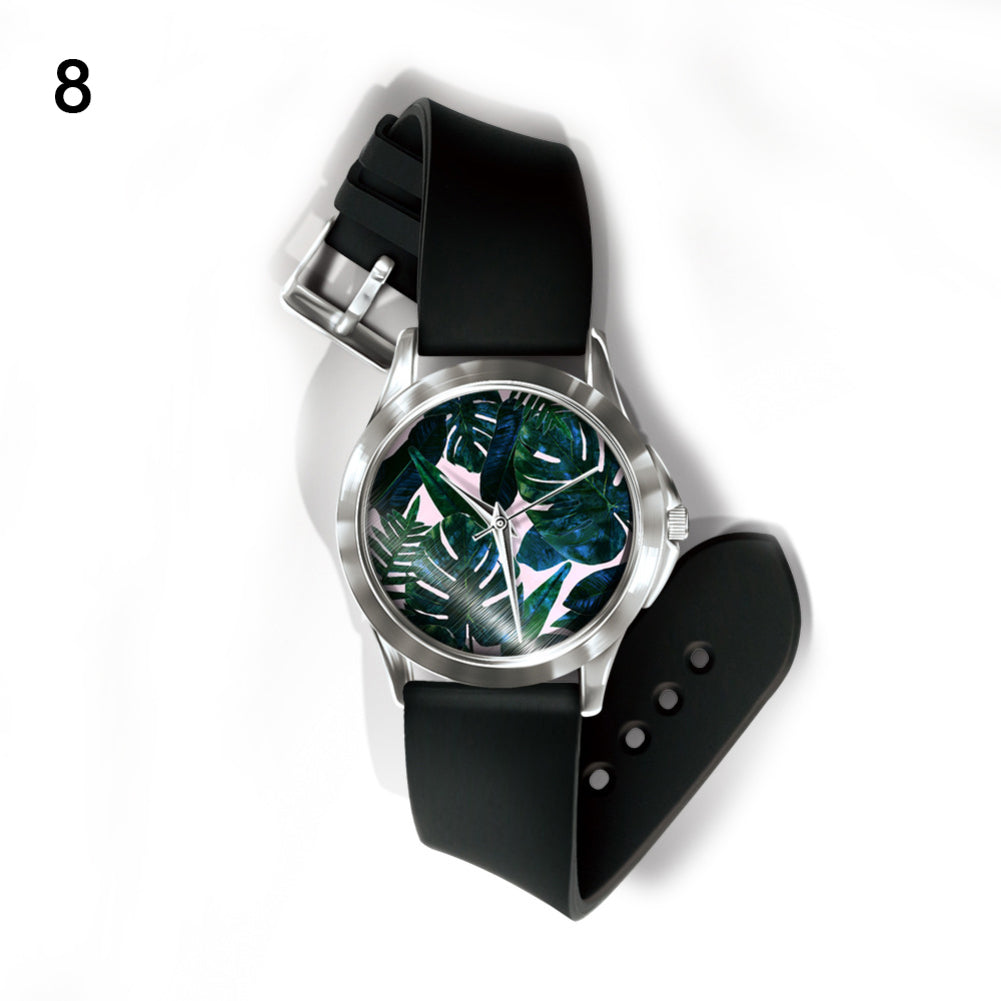 Fashion Fresh Plants Pattern Dial Unisex Pin Buckle Quartz Analog Wrist Watch