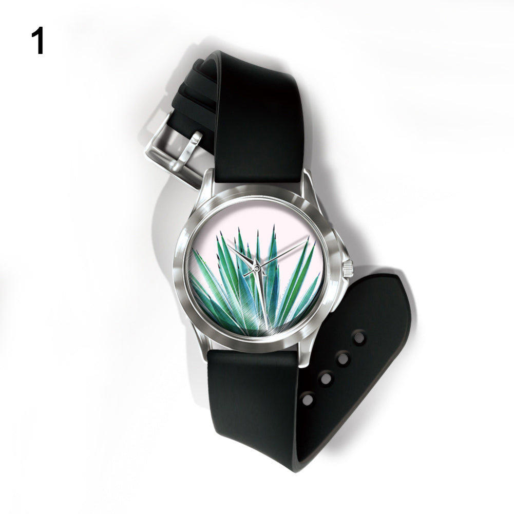 Fashion Fresh Plants Pattern Dial Unisex Pin Buckle Quartz Analog Wrist Watch