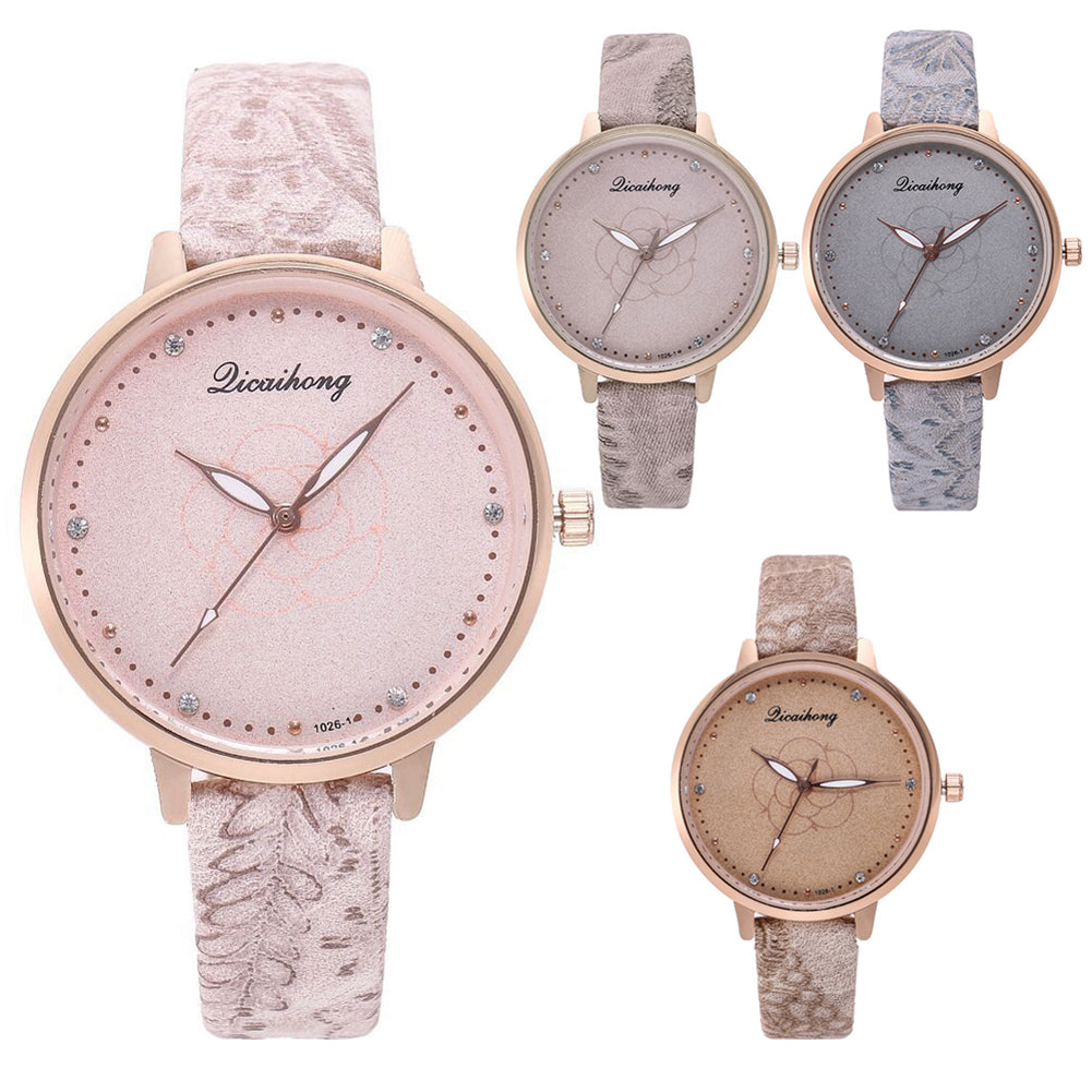 3D Print Women Business Faux Leather Band Quartz Analog Rhinestone Wrist Watch