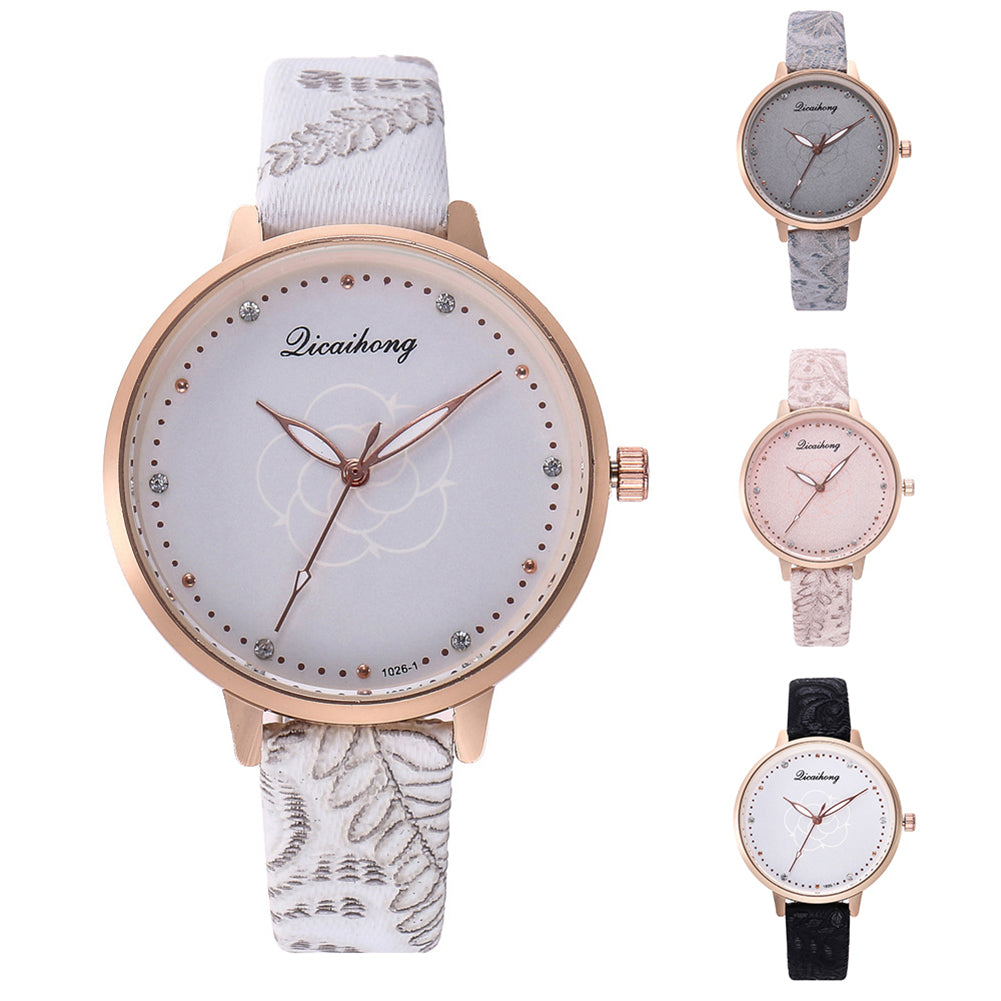 3D Print Women Business Faux Leather Band Quartz Analog Rhinestone Wrist Watch