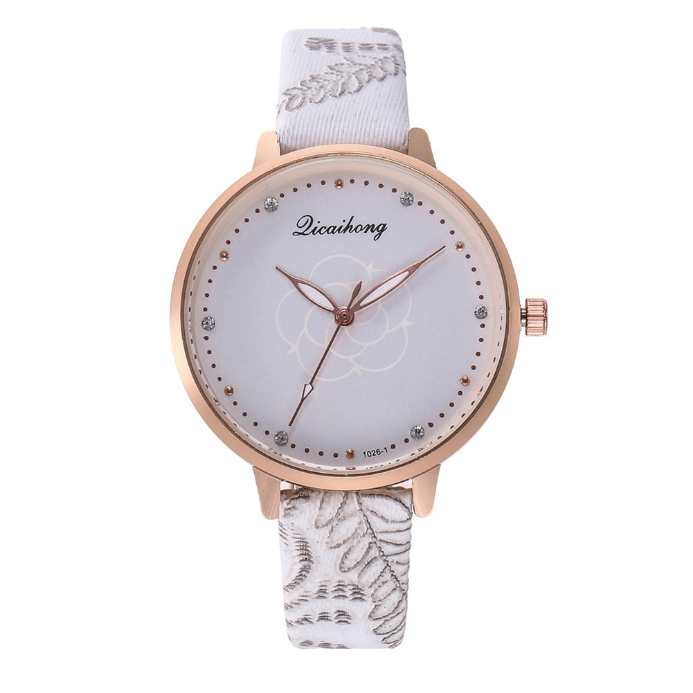 3D Print Women Business Faux Leather Band Quartz Analog Rhinestone Wrist Watch