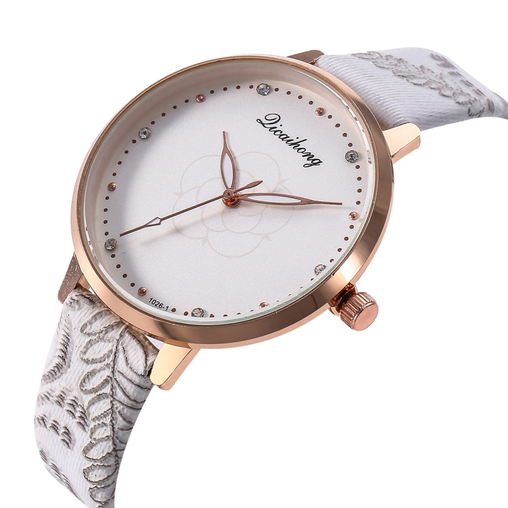 3D Print Women Business Faux Leather Band Quartz Analog Rhinestone Wrist Watch