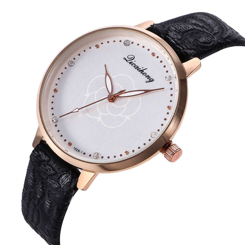 3D Print Women Business Faux Leather Band Quartz Analog Rhinestone Wrist Watch