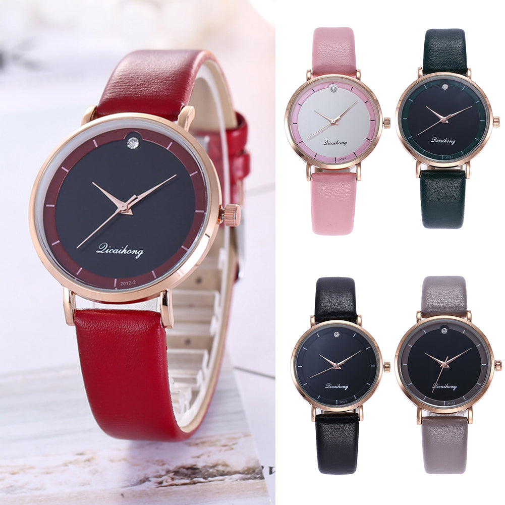 Fashion Faux Leather Rhinestone Round Dial Analog Quartz Move Women Wrist Watch