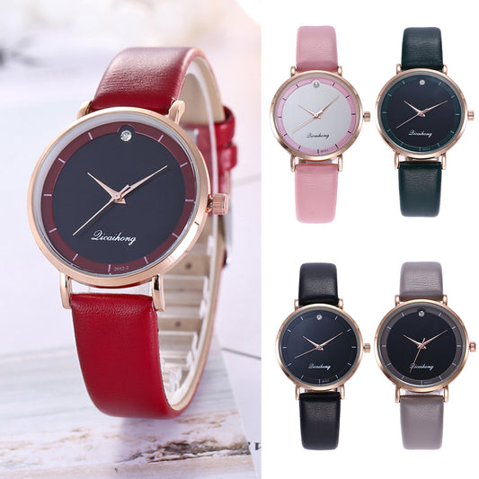 Fashion Faux Leather Rhinestone Round Dial Analog Quartz Move Women Wrist Watch
