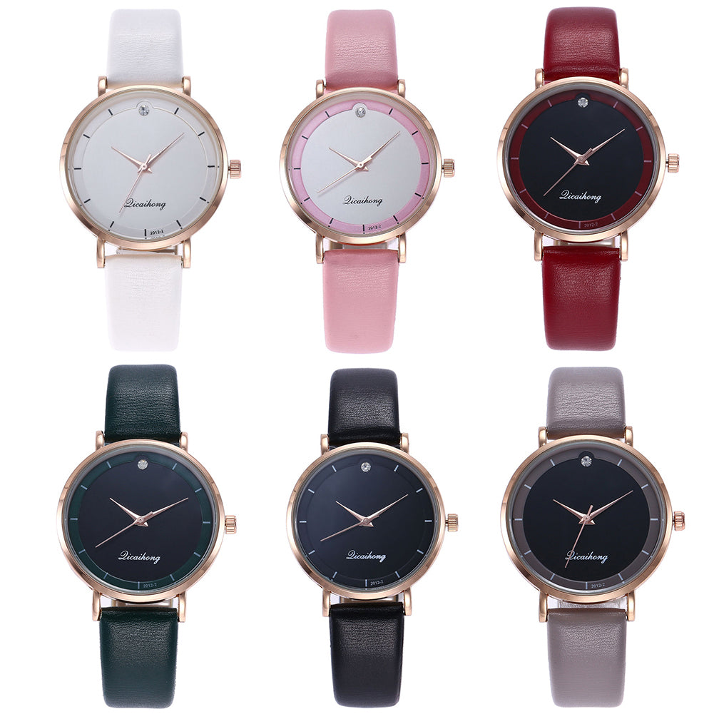 Fashion Faux Leather Rhinestone Round Dial Analog Quartz Move Women Wrist Watch
