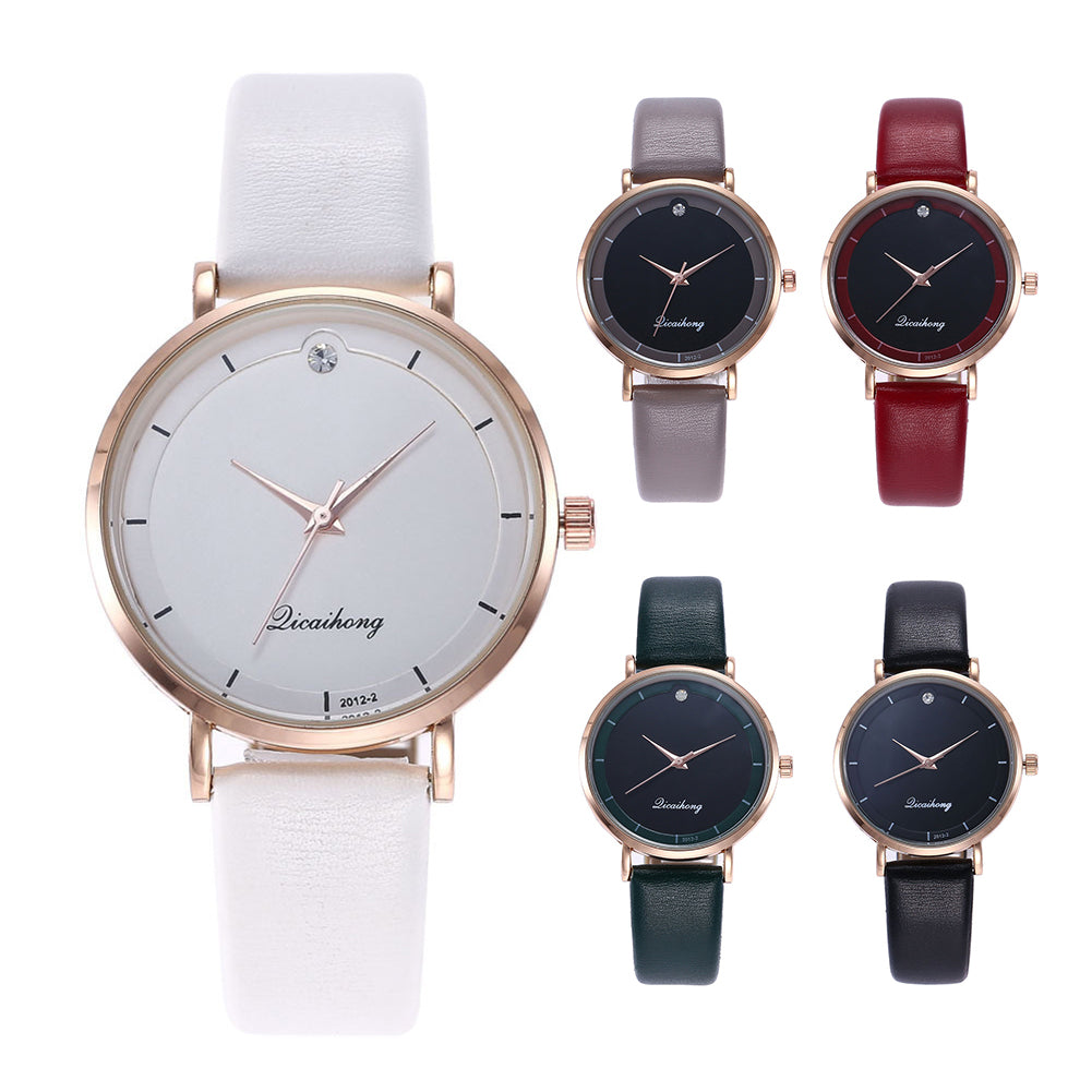 Fashion Faux Leather Rhinestone Round Dial Analog Quartz Move Women Wrist Watch