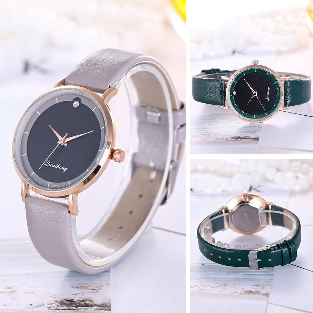 Fashion Faux Leather Rhinestone Round Dial Analog Quartz Move Women Wrist Watch