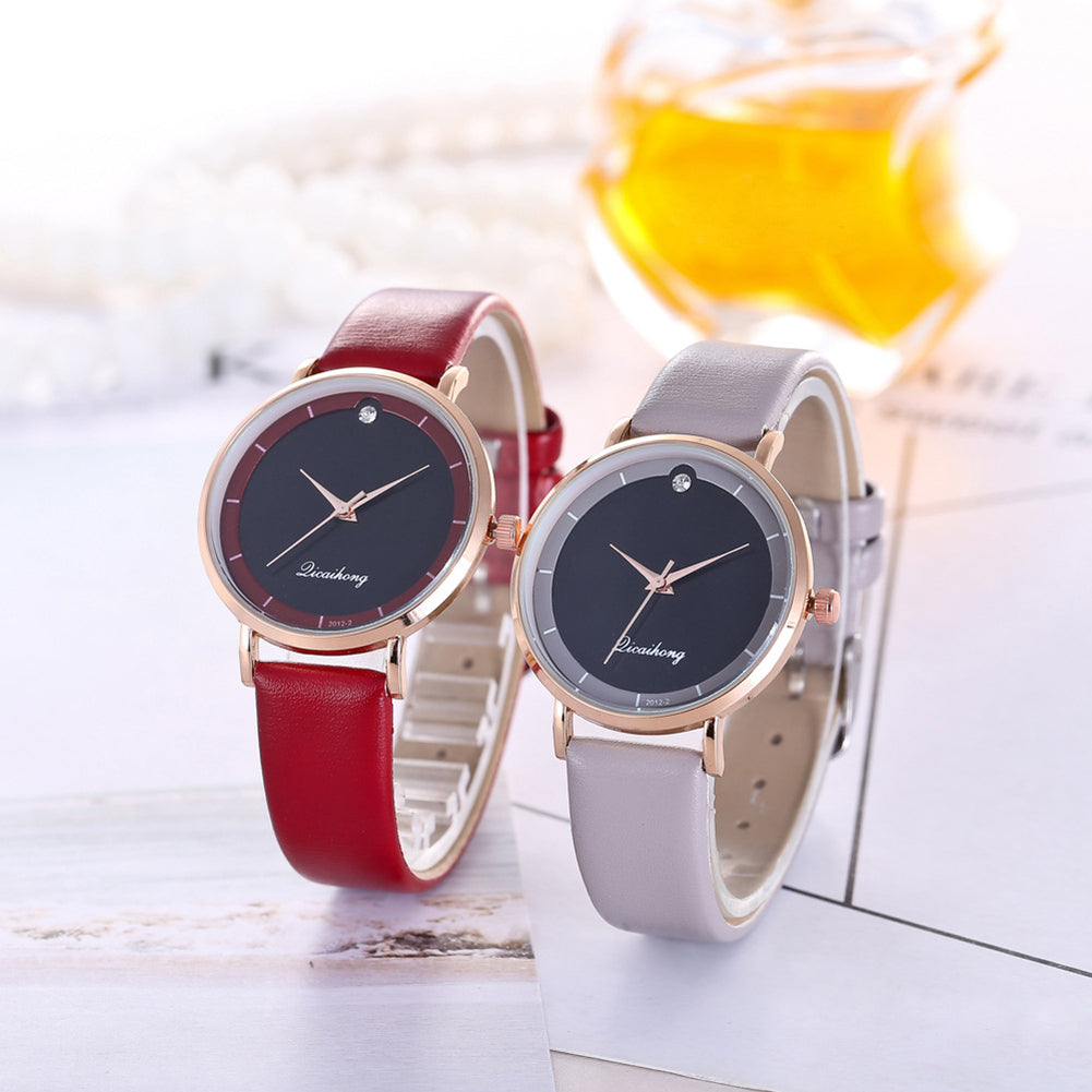 Fashion Faux Leather Rhinestone Round Dial Analog Quartz Move Women Wrist Watch