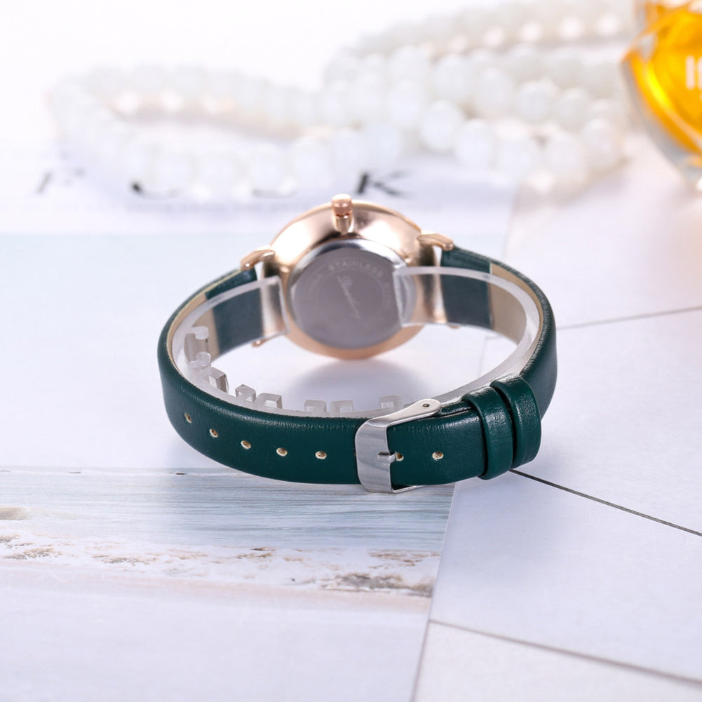 Fashion Faux Leather Rhinestone Round Dial Analog Quartz Move Women Wrist Watch