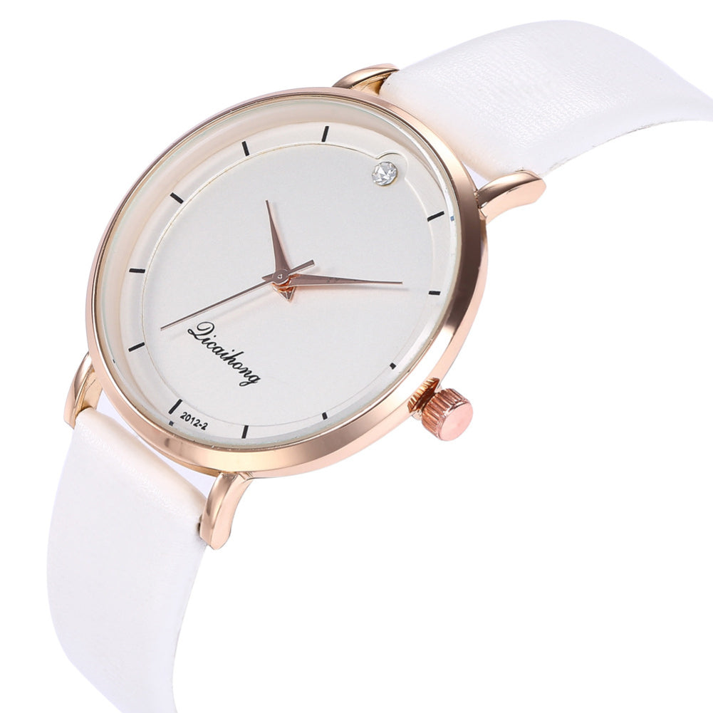 Fashion Faux Leather Rhinestone Round Dial Analog Quartz Move Women Wrist Watch