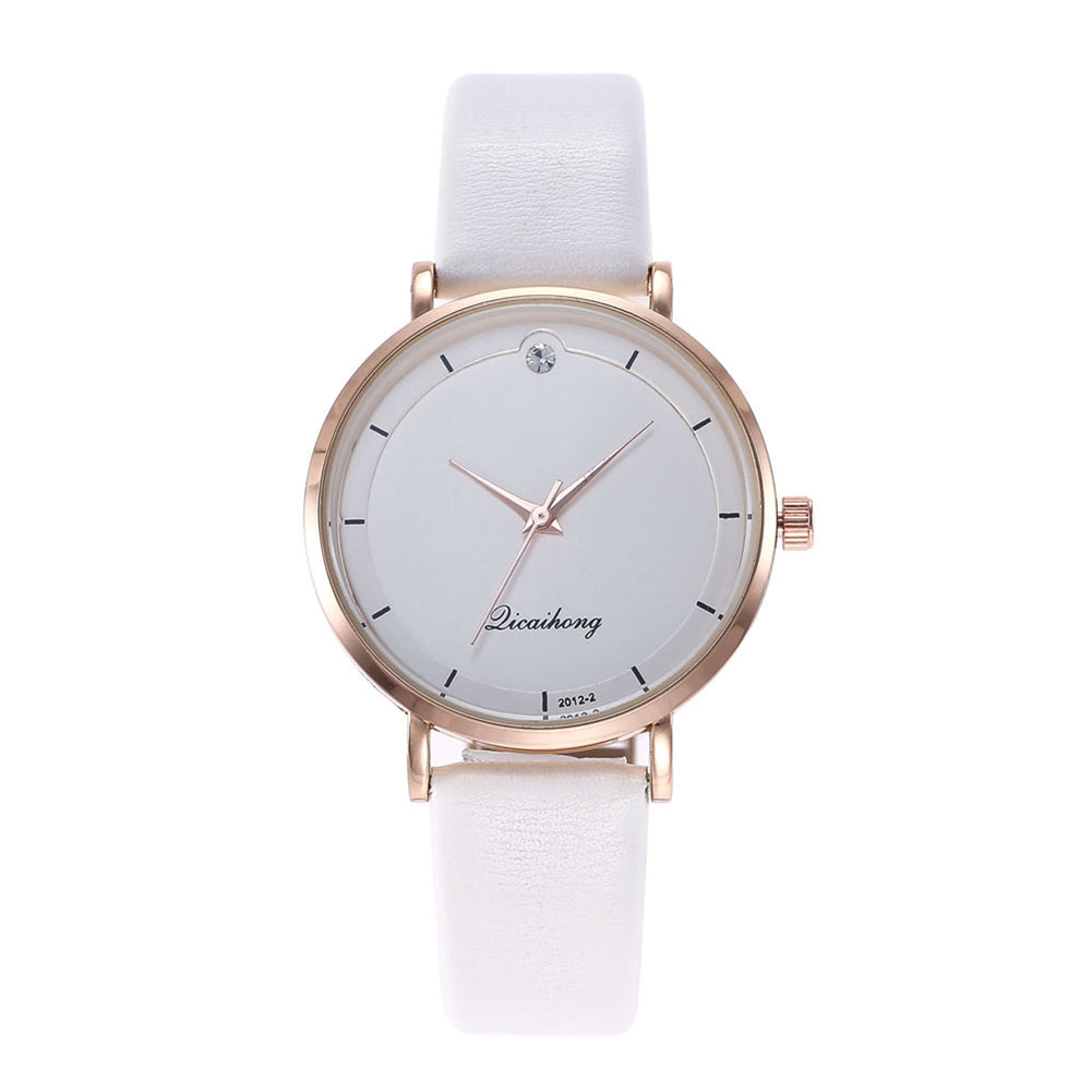 Fashion Faux Leather Rhinestone Round Dial Analog Quartz Move Women Wrist Watch