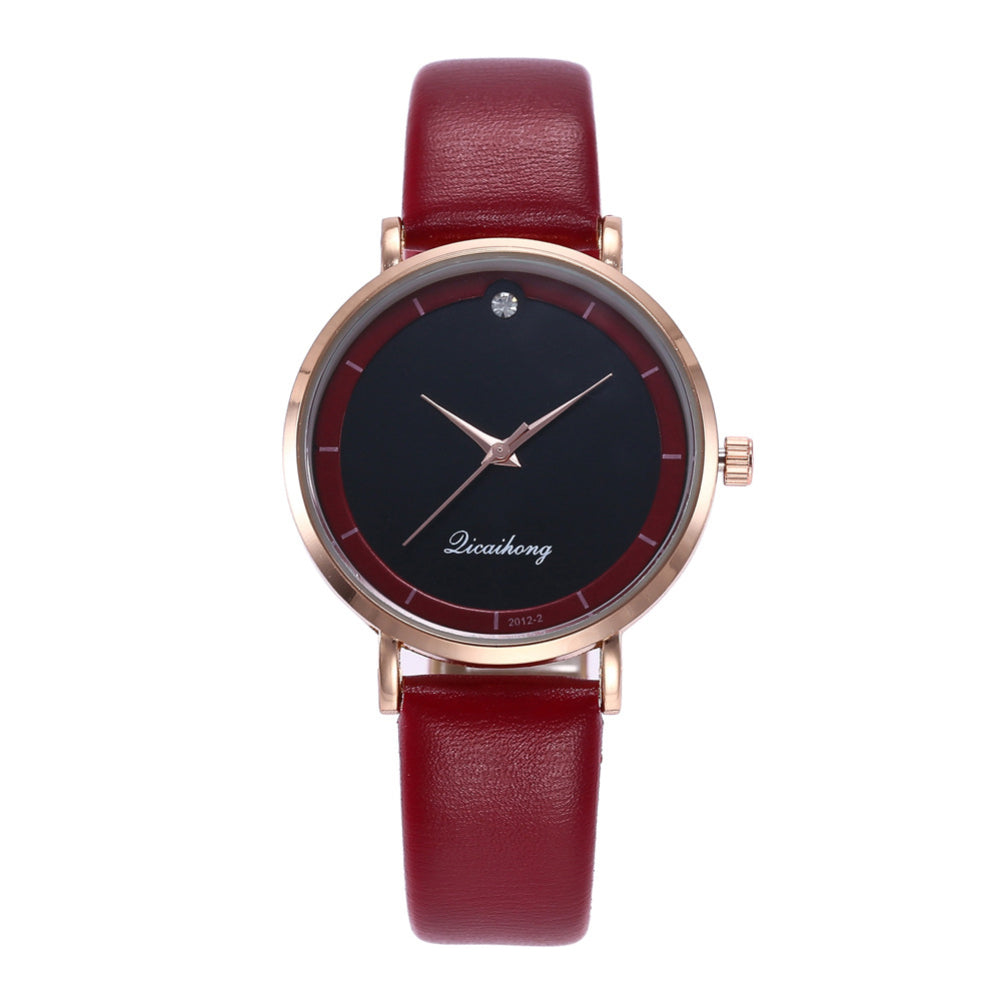 Fashion Faux Leather Rhinestone Round Dial Analog Quartz Move Women Wrist Watch