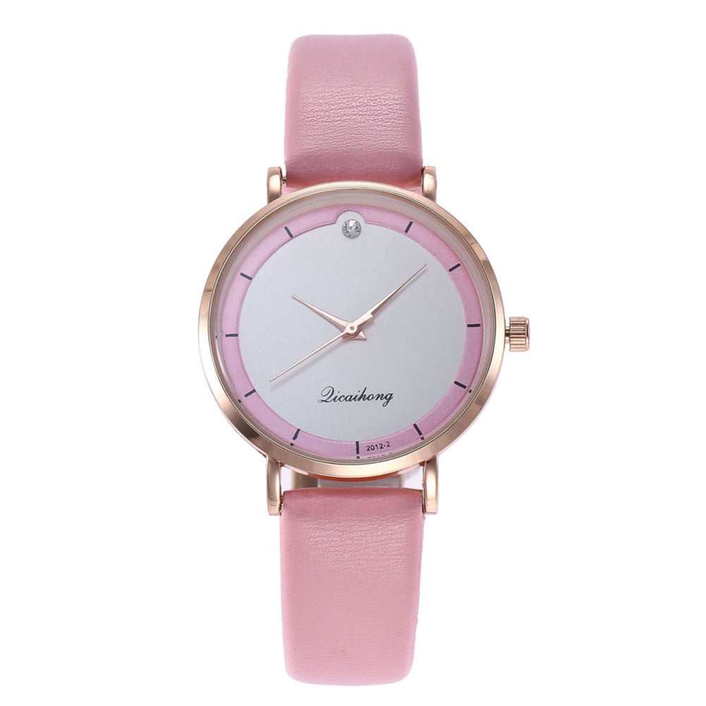 Fashion Faux Leather Rhinestone Round Dial Analog Quartz Move Women Wrist Watch