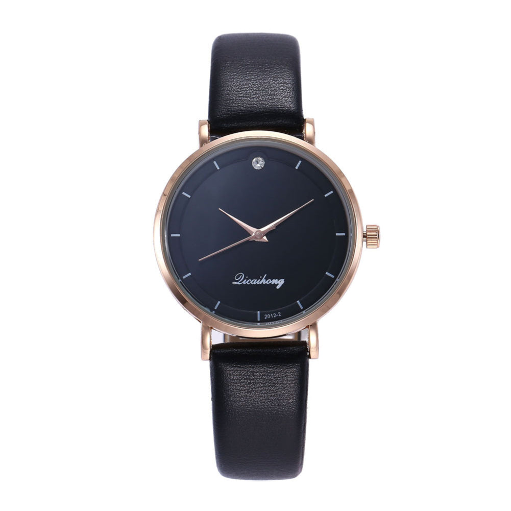 Fashion Faux Leather Rhinestone Round Dial Analog Quartz Move Women Wrist Watch