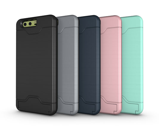 Durable Case Card Slot Brushed Texture Heavy Duty Hybrid Dual Layer Wallet Case Cover Shell with Kickstand for HUAWEI P10 Plus