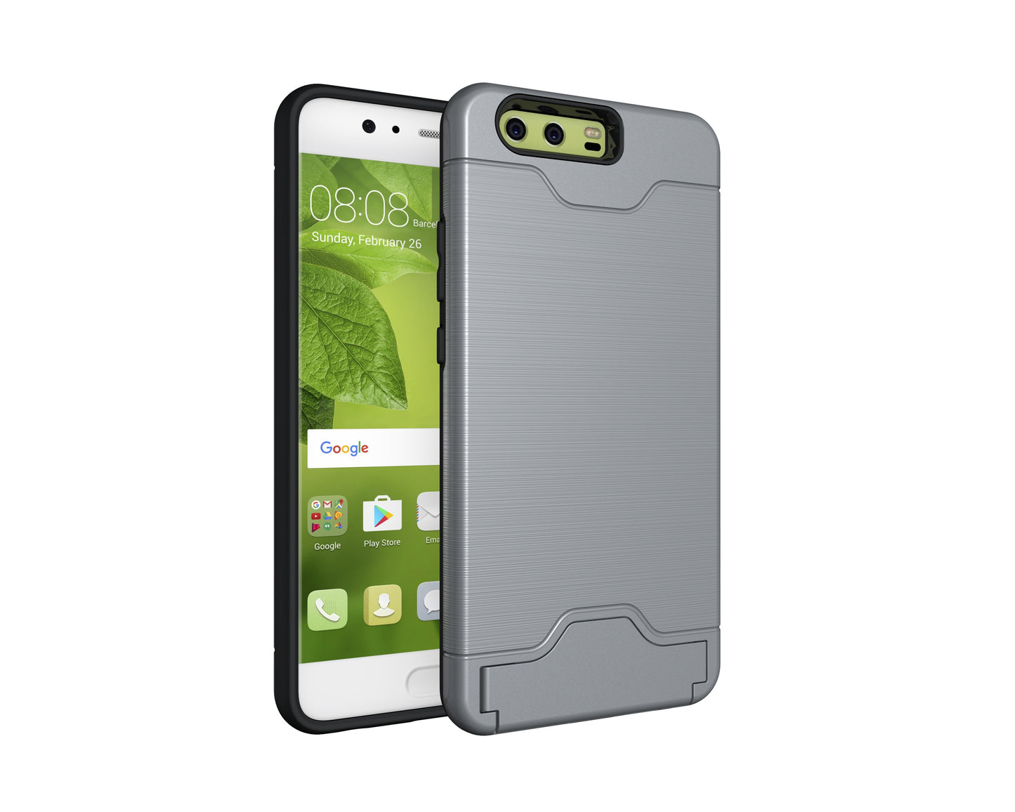 Durable Case Card Slot Brushed Texture Heavy Duty Hybrid Dual Layer Wallet Case Cover Shell with Kickstand for HUAWEI P10 Plus