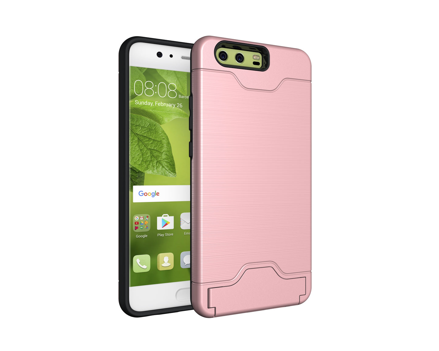 Durable Case Card Slot Brushed Texture Heavy Duty Hybrid Dual Layer Wallet Case Cover Shell with Kickstand for HUAWEI P10 Plus