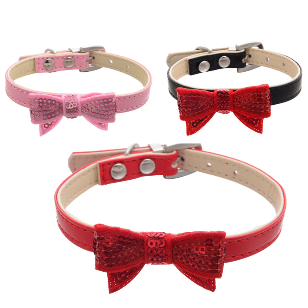 Fashion Paillette Bowknot Faux Leather Pet Dog Cat Bow Tie Adjustable Collar
