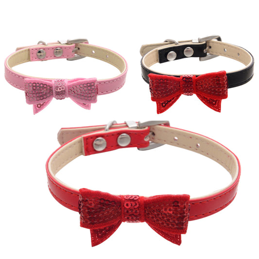 Fashion Paillette Bowknot Faux Leather Pet Dog Cat Bow Tie Adjustable Collar