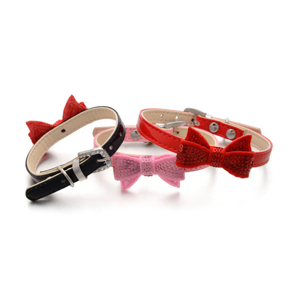 Fashion Paillette Bowknot Faux Leather Pet Dog Cat Bow Tie Adjustable Collar