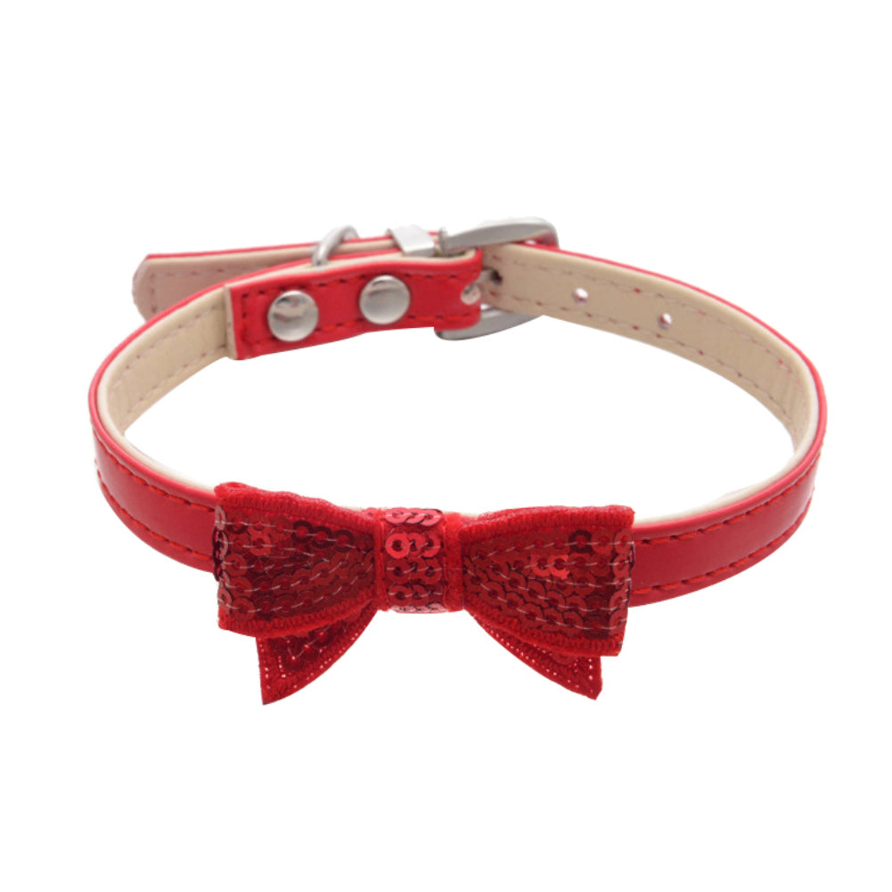 Fashion Paillette Bowknot Faux Leather Pet Dog Cat Bow Tie Adjustable Collar