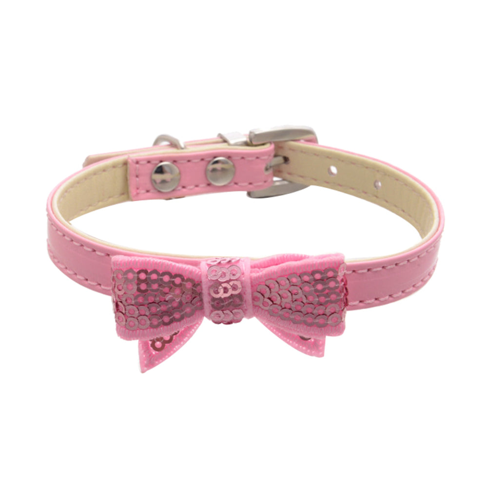 Fashion Paillette Bowknot Faux Leather Pet Dog Cat Bow Tie Adjustable Collar