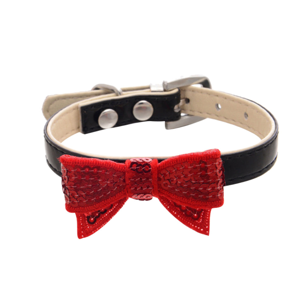 Fashion Paillette Bowknot Faux Leather Pet Dog Cat Bow Tie Adjustable Collar