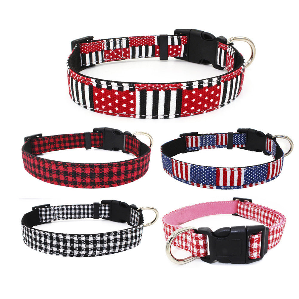 Fashion Grid Dots Adjustable Buckle Cloth Dog Cat Collar Pet Neck Chain Decor