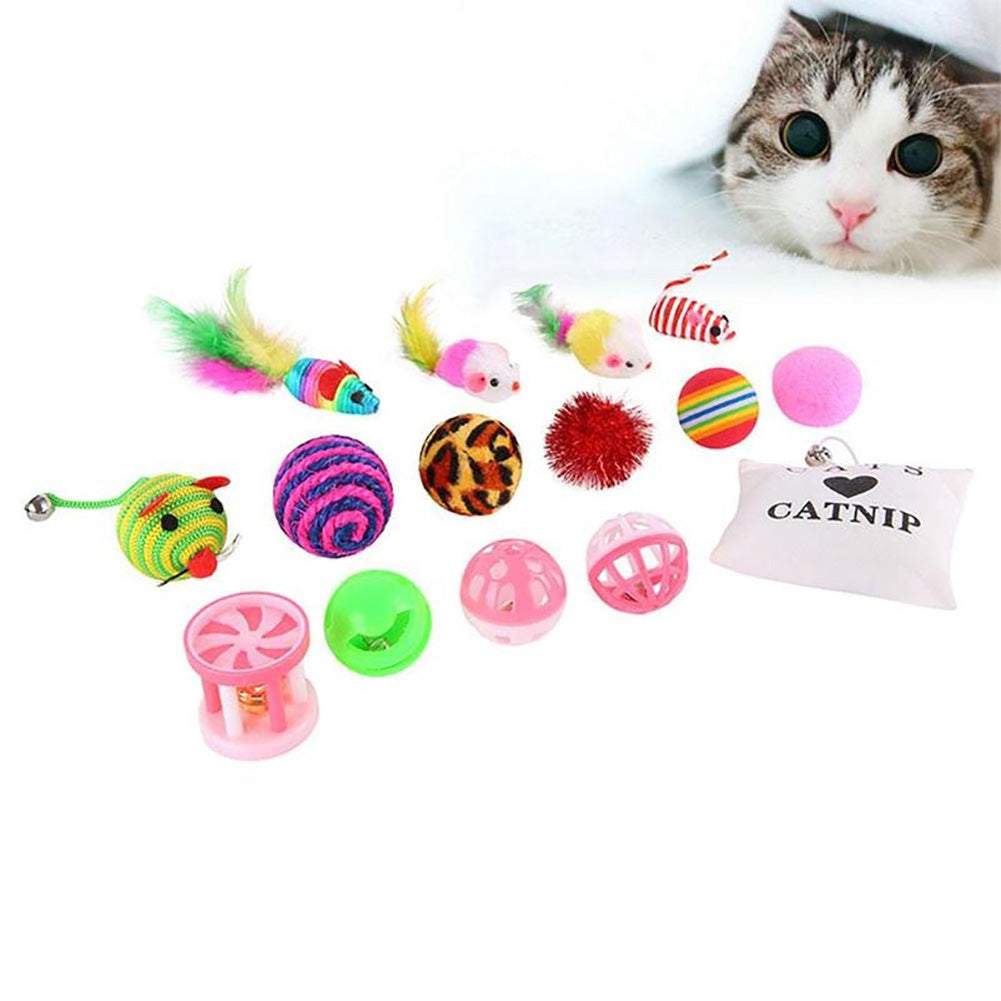 16Pcs/Set Cat Kitten Teaser Mouse Ball Bell Wand Interactive Funny Pet Toy