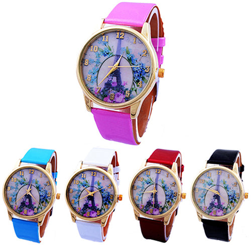 Fashion Eiffel Tower Floral Print Dial Faux Leather Band Analog Wrist Watch