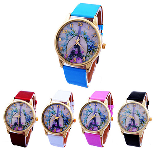 Fashion Eiffel Tower Floral Print Dial Faux Leather Band Analog Wrist Watch