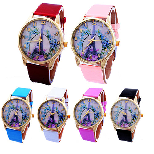 Fashion Eiffel Tower Floral Print Dial Faux Leather Band Analog Wrist Watch