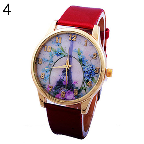 Fashion Eiffel Tower Floral Print Dial Faux Leather Band Analog Wrist Watch