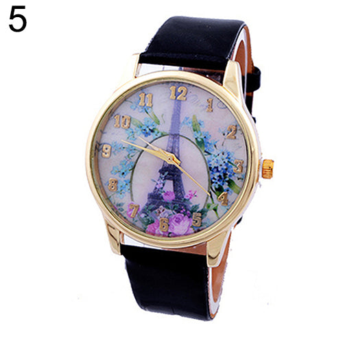 Fashion Eiffel Tower Floral Print Dial Faux Leather Band Analog Wrist Watch