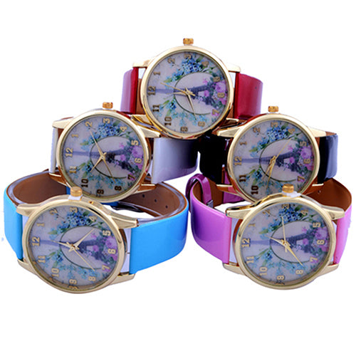 Fashion Eiffel Tower Floral Print Dial Faux Leather Band Analog Wrist Watch