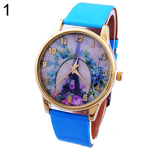 Fashion Eiffel Tower Floral Print Dial Faux Leather Band Analog Wrist Watch