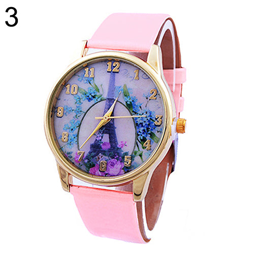 Fashion Eiffel Tower Floral Print Dial Faux Leather Band Analog Wrist Watch