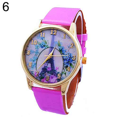 Fashion Eiffel Tower Floral Print Dial Faux Leather Band Analog Wrist Watch