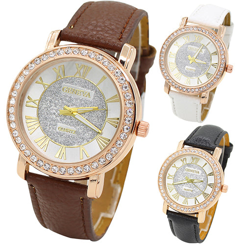 Men's Women's Roman Numerals Rhinestone Faux Leather Band Quartz Wrist Watch